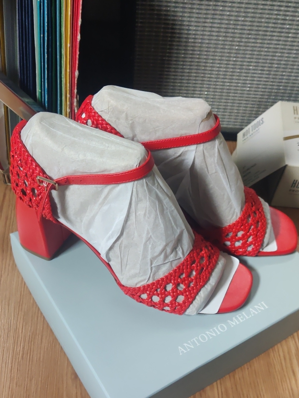 Antonio Melani Red Woven Block Heel Sandals with Ankle Strap